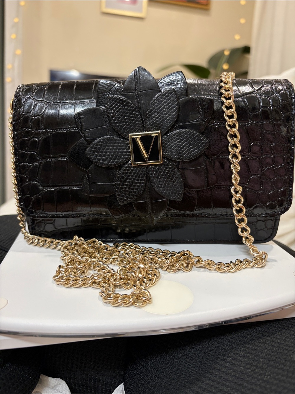 Victoria's Secret Black Croc-Embossed Floral Appliqué Crossbody with Gold Chain